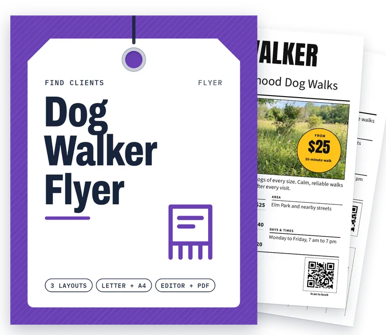 Dog Walker Flyer cover with real filled-in pages fanned behind it