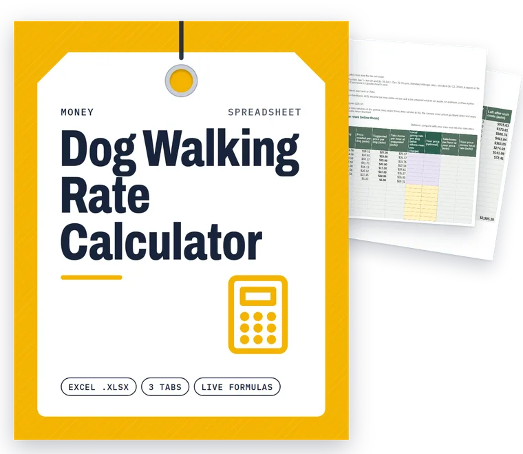 Dog Walking Rate Calculator cover with real filled-in pages fanned behind it
