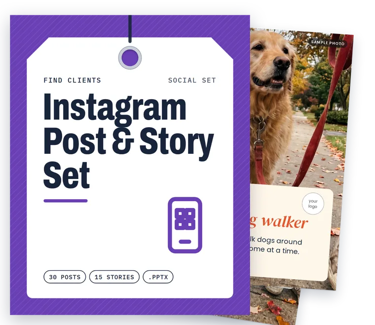 Instagram Post & Story Set for Dog Walkers cover with real filled-in pages fanned behind it