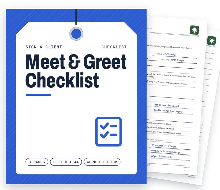 Meet & Greet Checklist cover with real filled-in pages fanned behind it