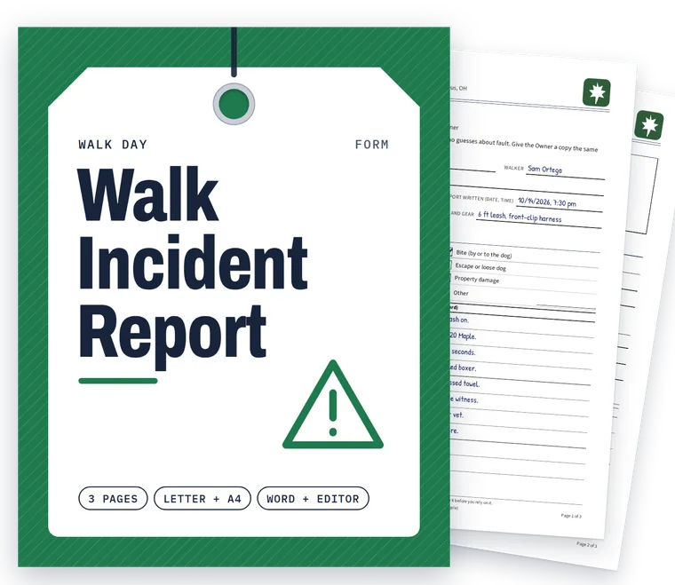 Walk Incident Report cover with real filled-in pages fanned behind it